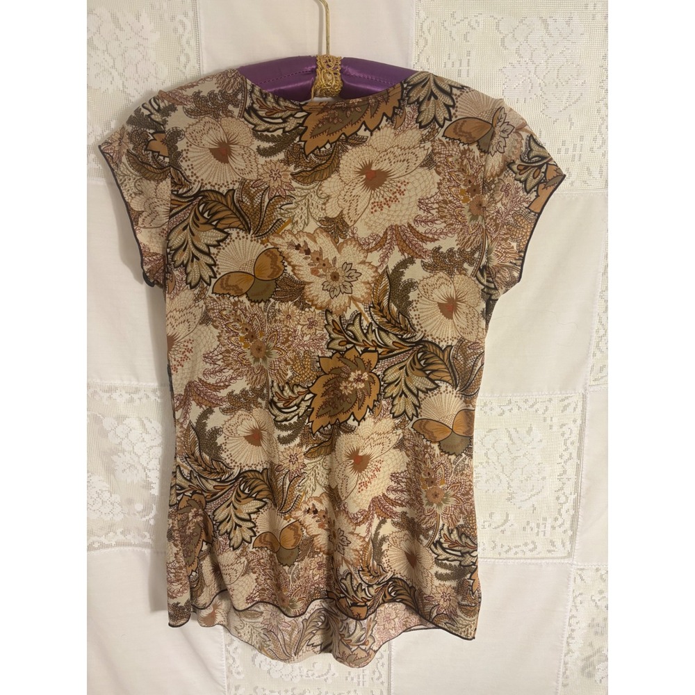 Early 2000's Brown Floral Lace Trim Faux Wrap Babydoll Blouse Size L-XL - Picture 3 of 11